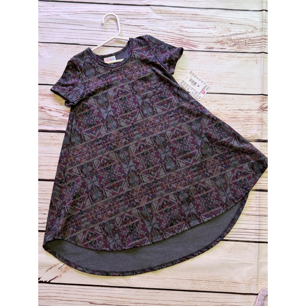 LuLaRoe‎ Scarlett Girls Dress Size 8 Purple Geometric Tribal Print High Low NWT